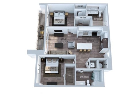 Floor plan for 2 beds, 2 baths, 1106 sqft